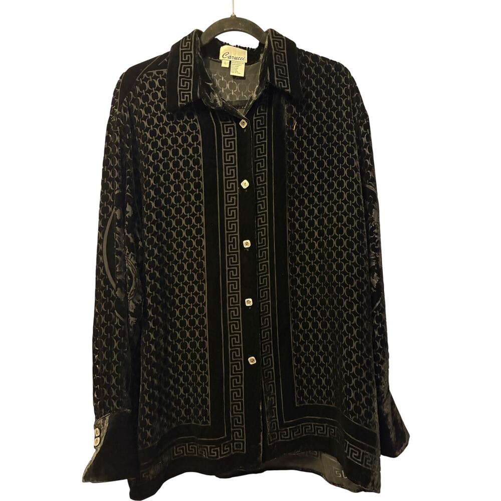 Vintage Carucci Geometric Burnout Button Shirt Top Black Silk Long Sleeve Sz L